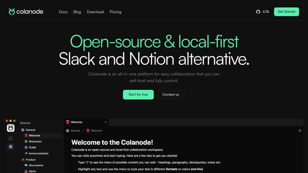 Screenshot of Colanode website