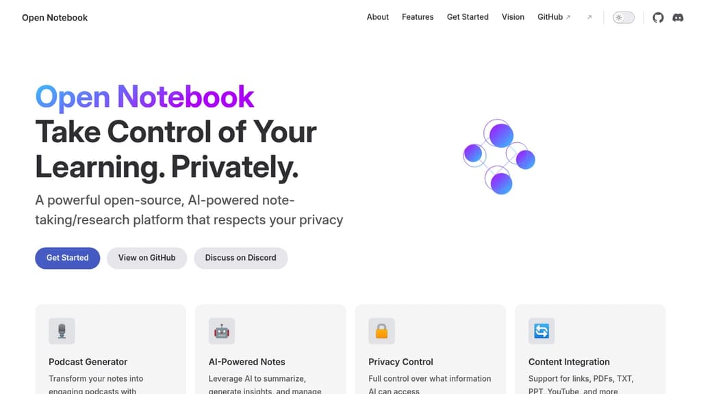 Screenshot of Open-Notebook website