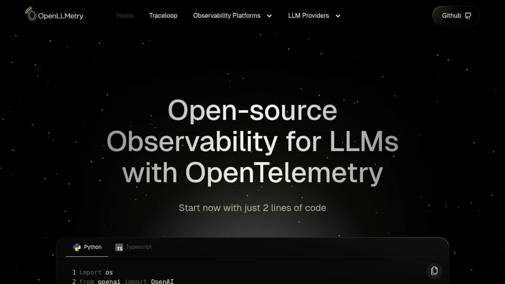 Screenshot of OpenLLMetry website