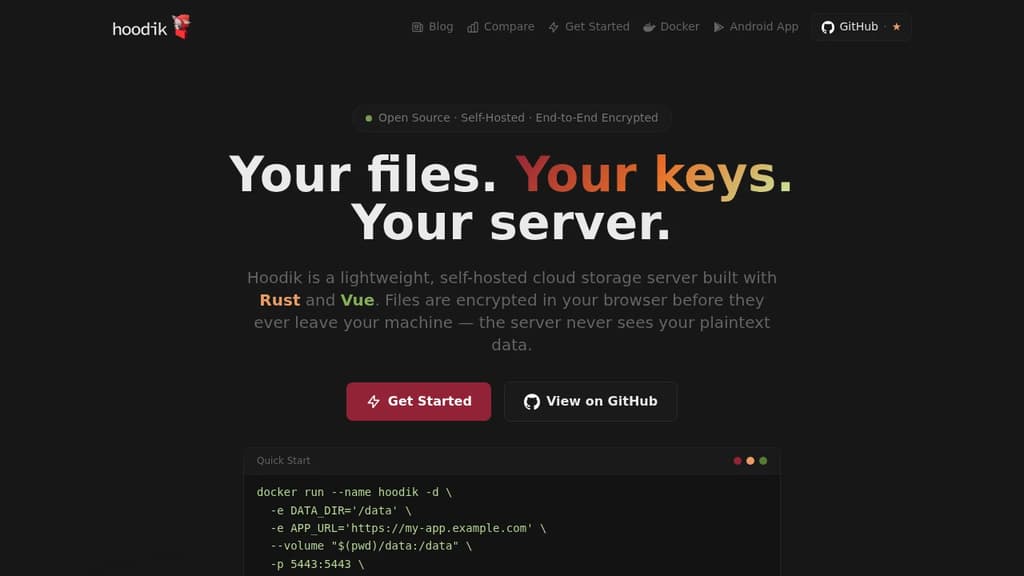 Screenshot of Hoodik website