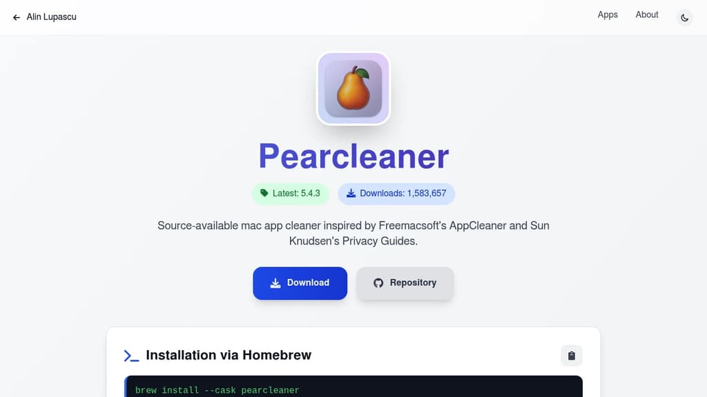 Screenshot of Pearcleaner website