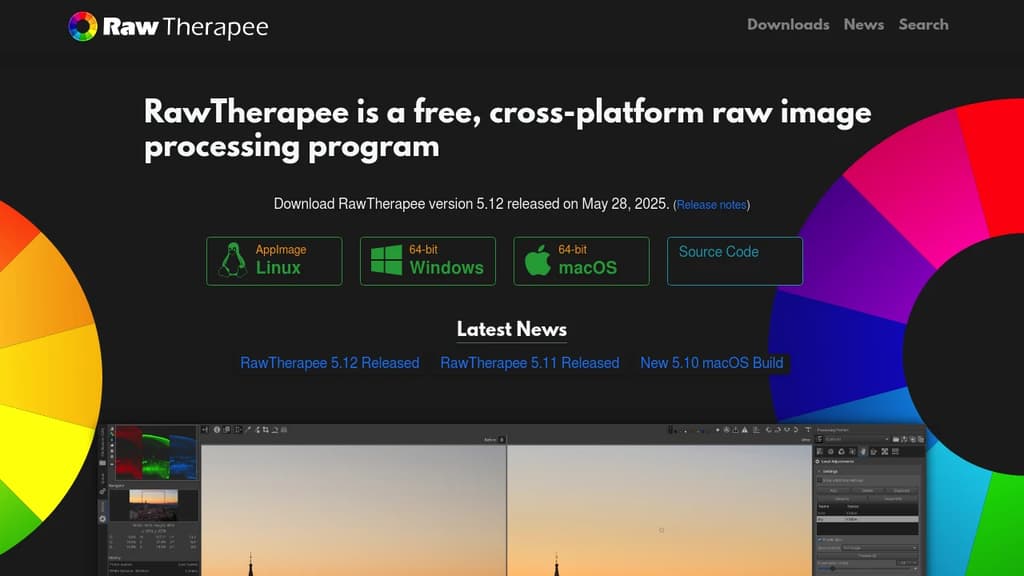 Screenshot of RawTherapee website