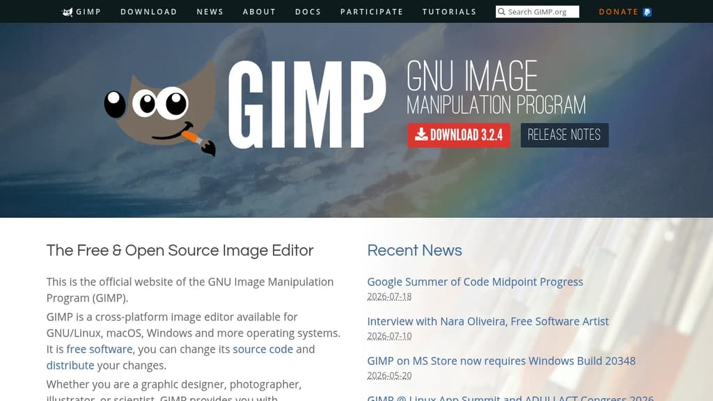 Screenshot of GIMP website