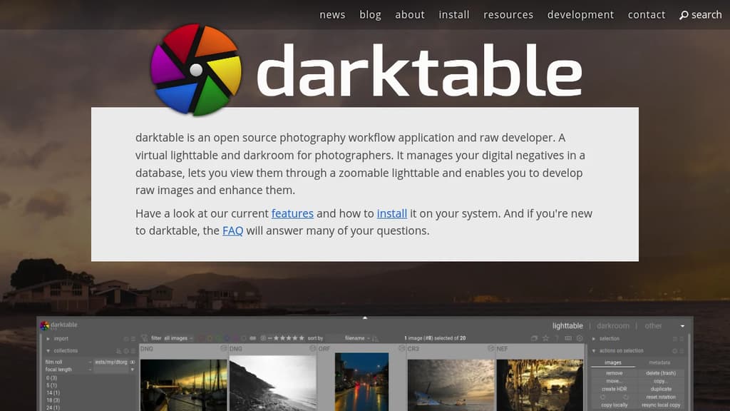 Screenshot of Darktable website