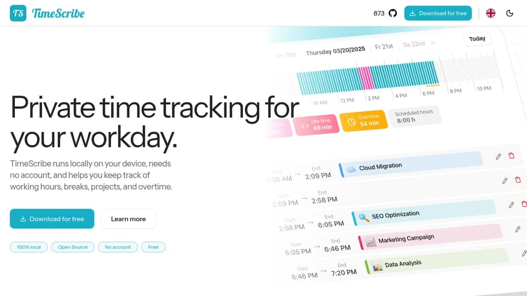 Screenshot of TimeScribe website