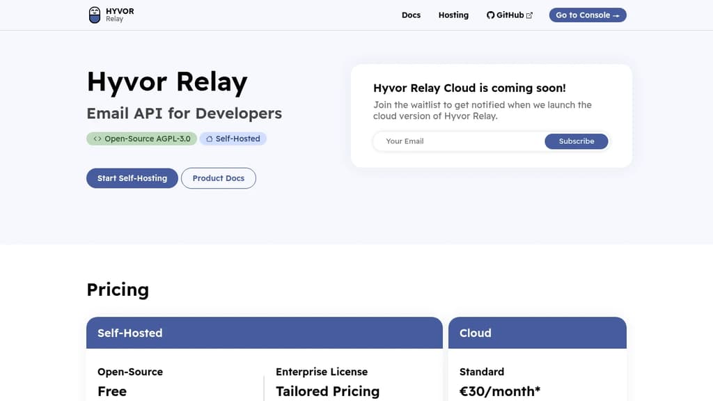 Screenshot of Hyvor Relay website