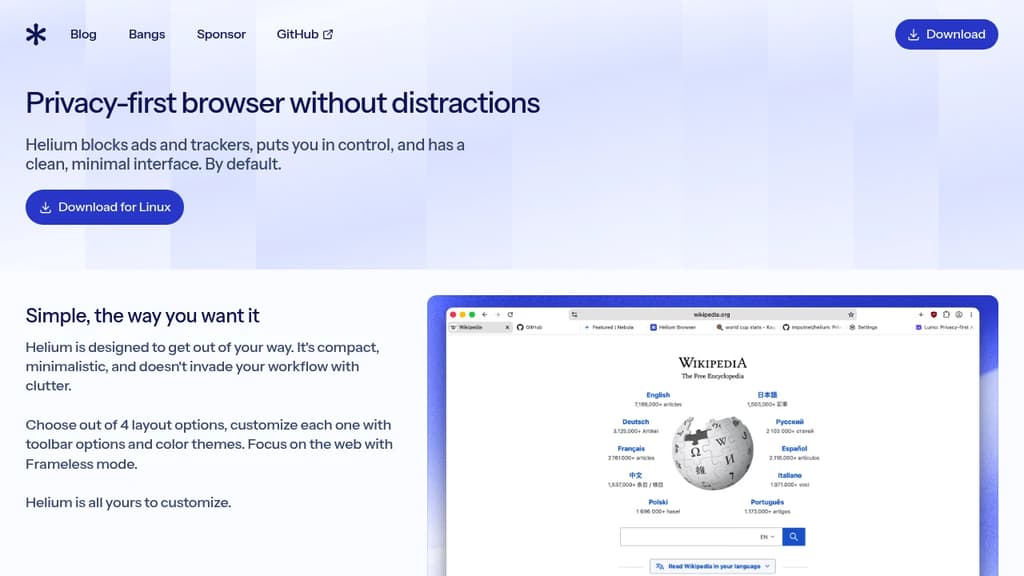 Screenshot of Helium website