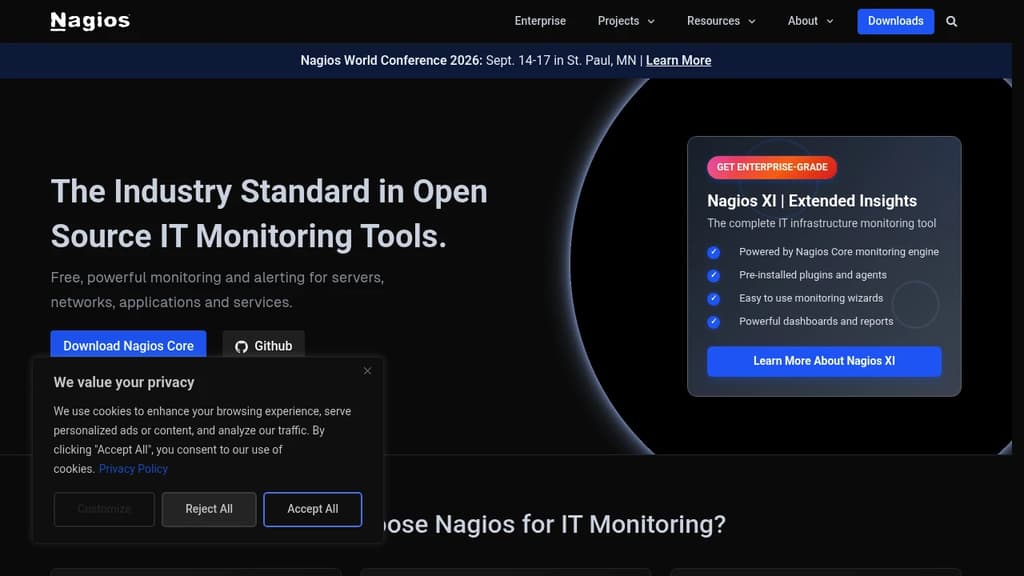 Screenshot of Nagios website