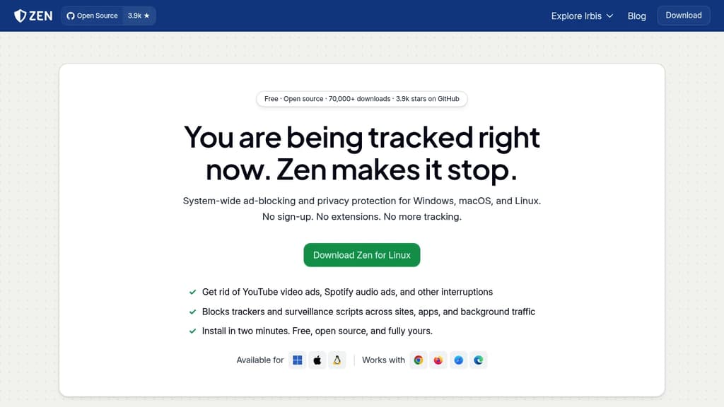 Screenshot of Zen website