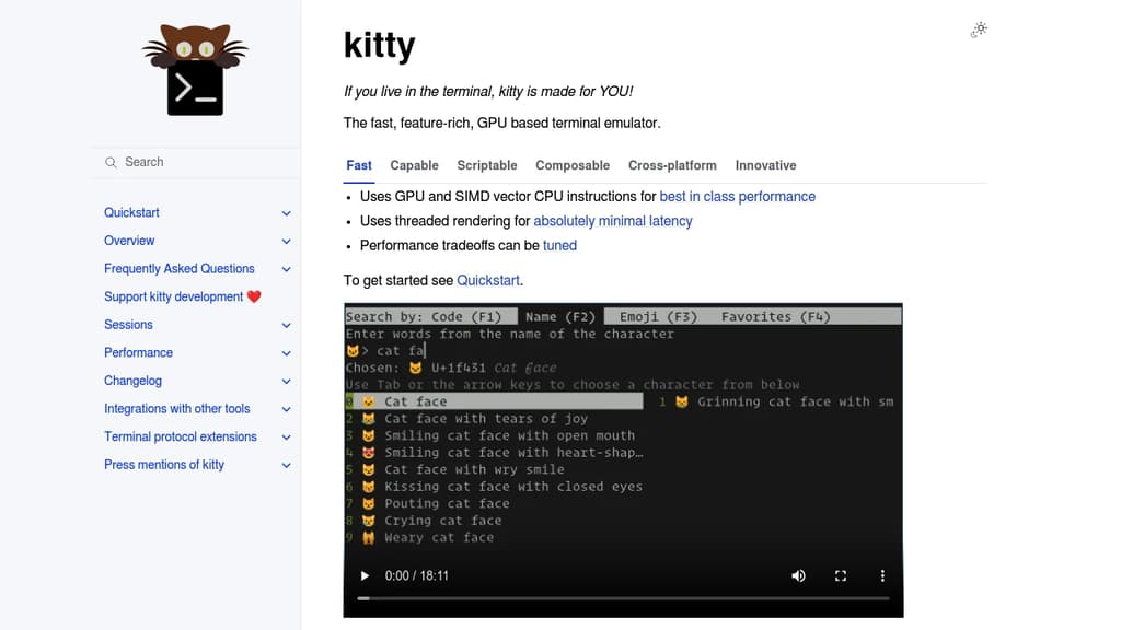 Screenshot of Kitty website