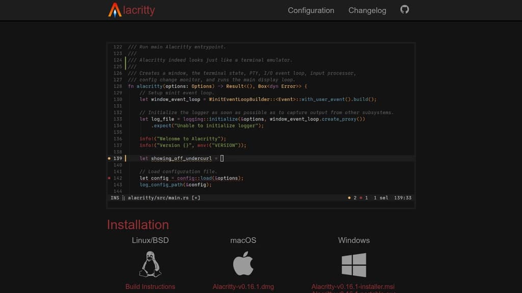 Screenshot of Alacritty website