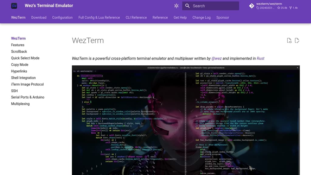 Screenshot of WezTerm website