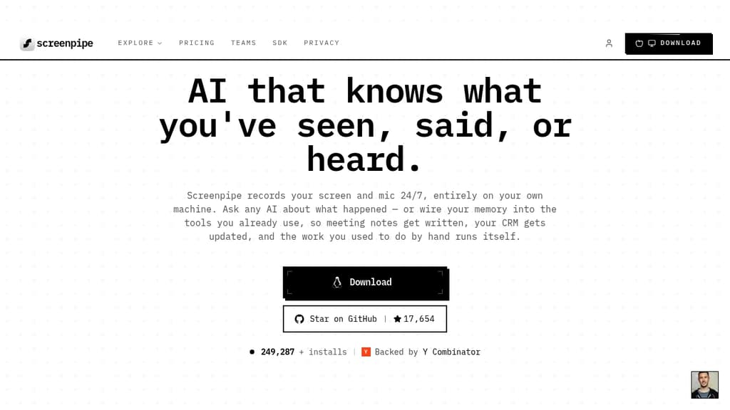 Screenshot of screenpipe  website