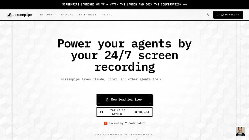 Screenshot of screenpipe  website