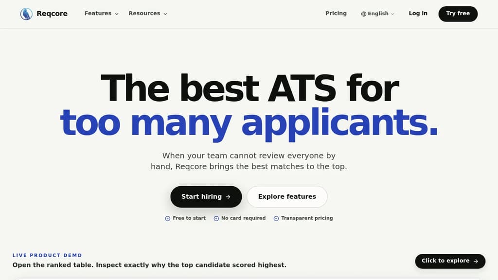 Screenshot of Reqcore website