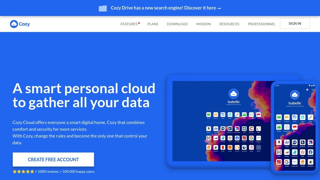 Screenshot of Cozy website