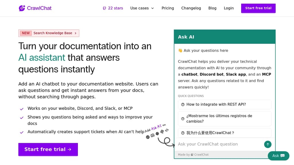 Screenshot of CrawlChat website