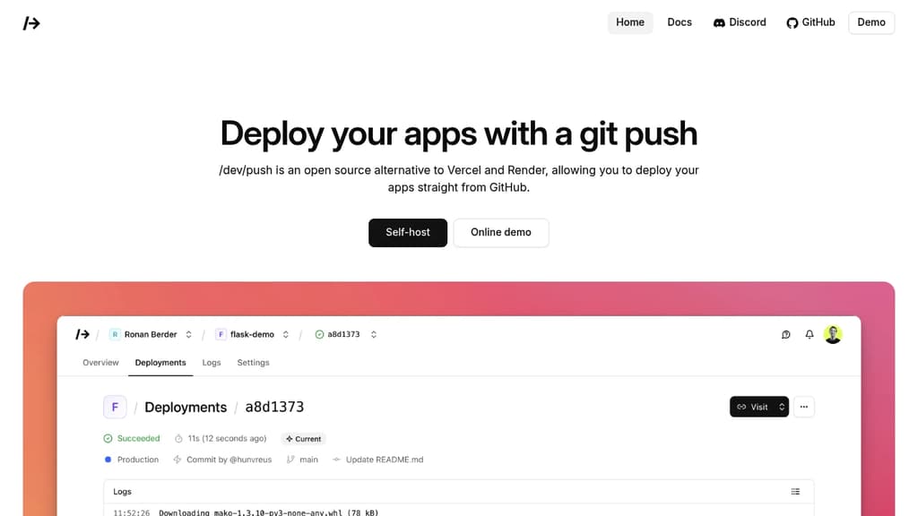 Screenshot of /dev/push website