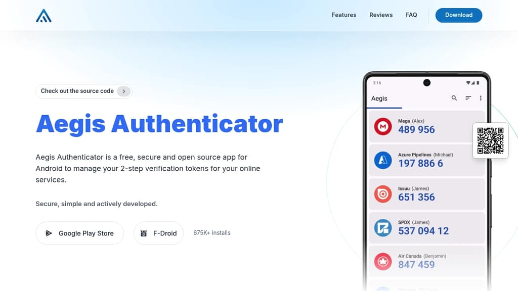 Screenshot of Aegis Authenticator website
