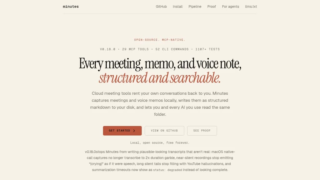Screenshot of Minutes website