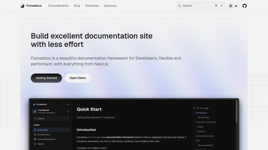 Screenshot of Fumadocs website