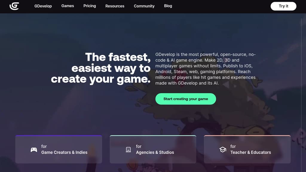 Screenshot of GDevelop website