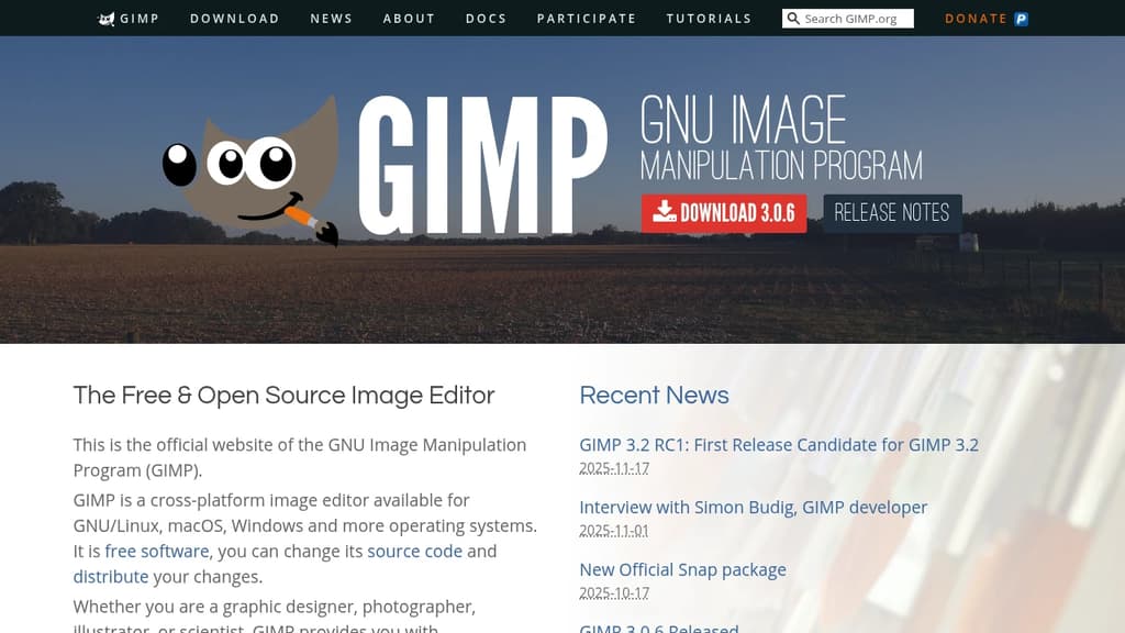 Screenshot of GIMP website