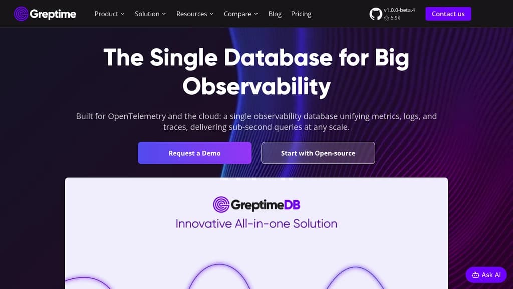 Screenshot of GreptimeDB website