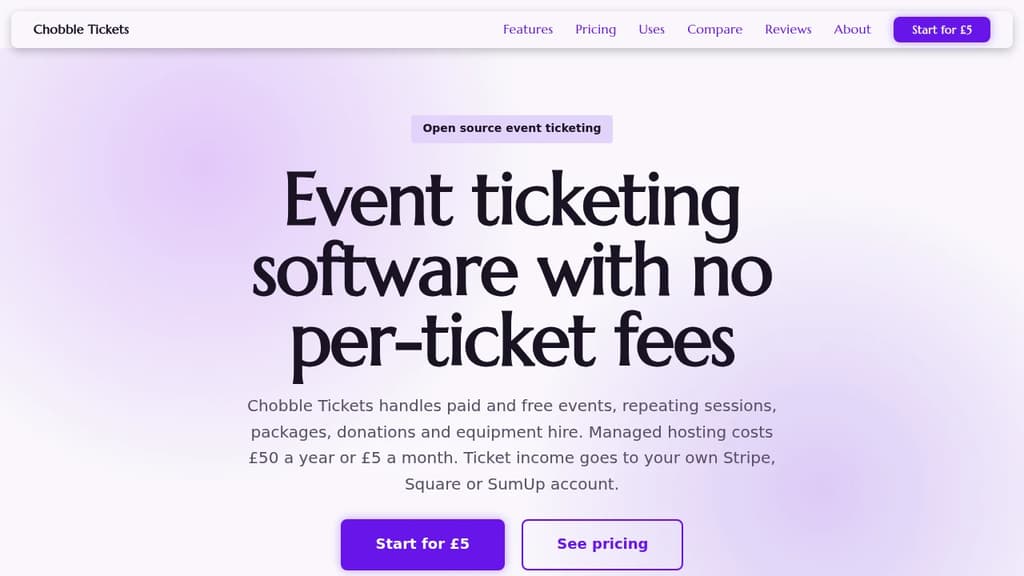 Screenshot of Chobble Tickets website