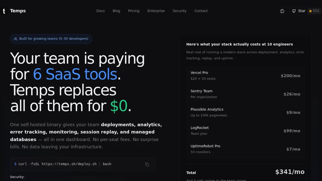 Screenshot of Temps website