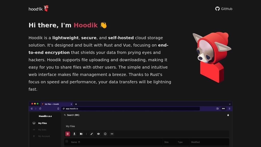 Screenshot of Hoodik website