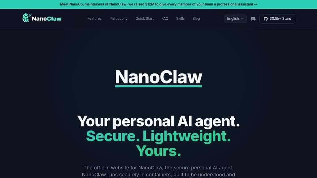 Screenshot of NanoClaw website