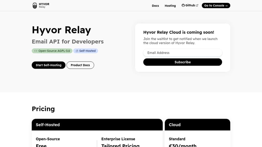 Screenshot of Hyvor Relay website