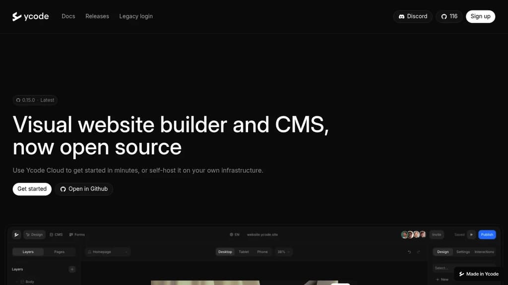 Screenshot of Ycode website