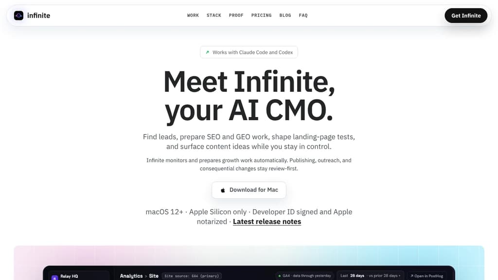 Screenshot of Infinite website