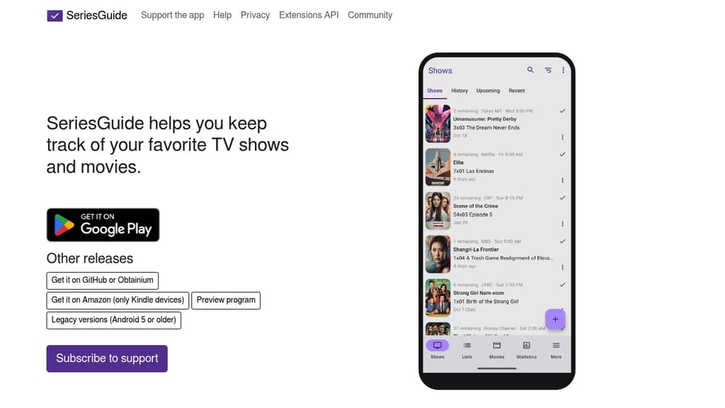 Screenshot of SeriesGuide website