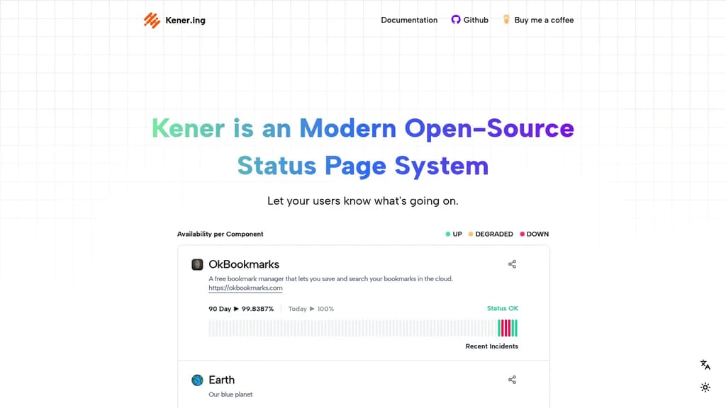 Screenshot of Kener website
