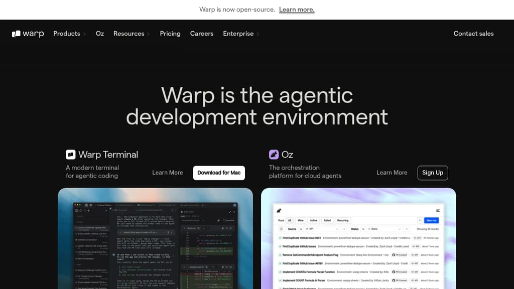 Screenshot of Warp website