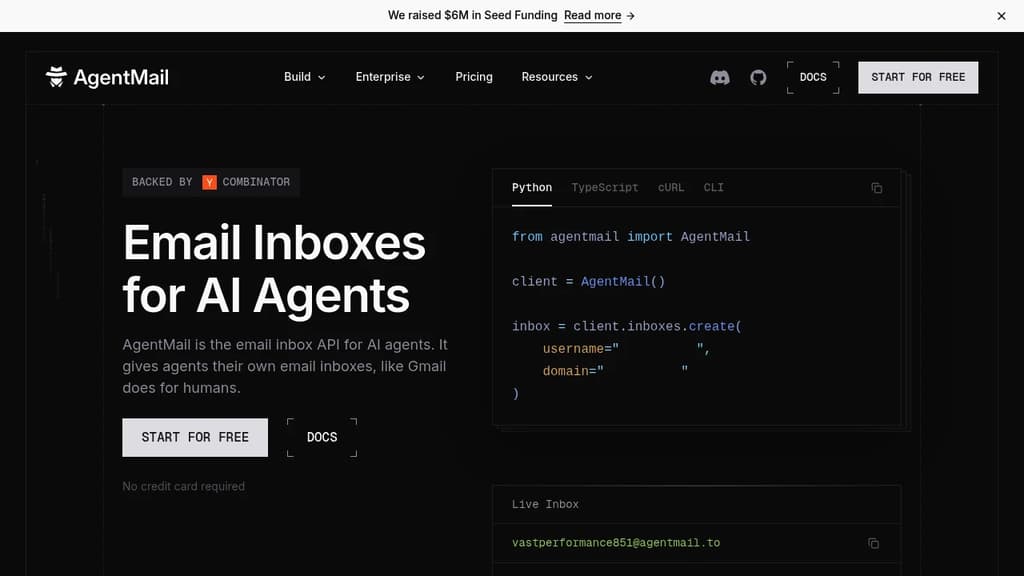 Screenshot of AgentMail website