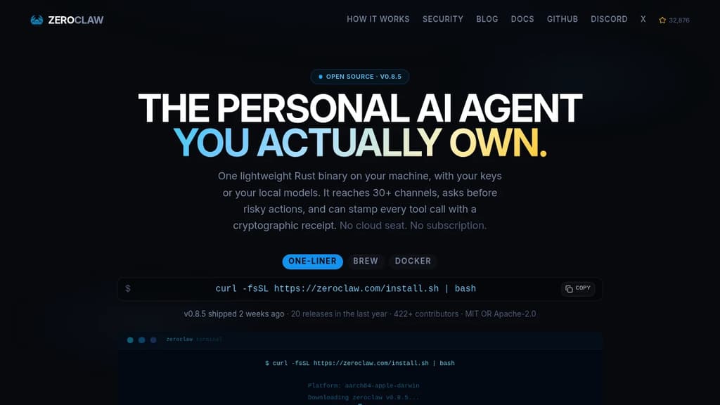 Screenshot of ZeroClaw website