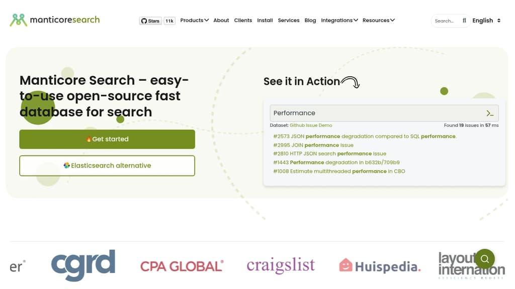 Screenshot of Manticore Search website