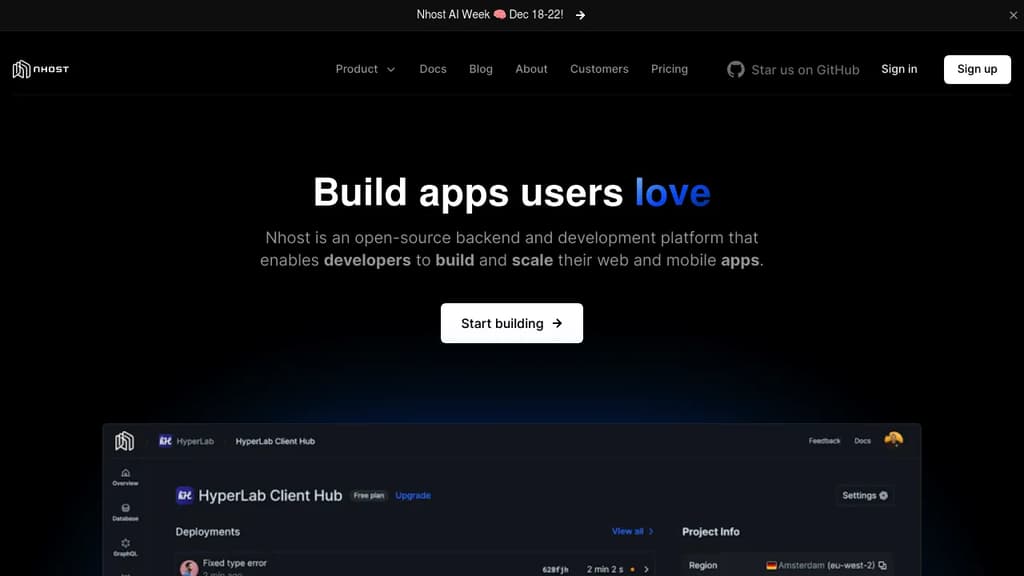Screenshot of NHost website