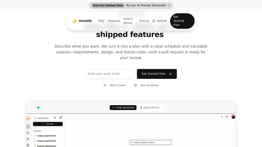 Screenshot of OmoiOS website