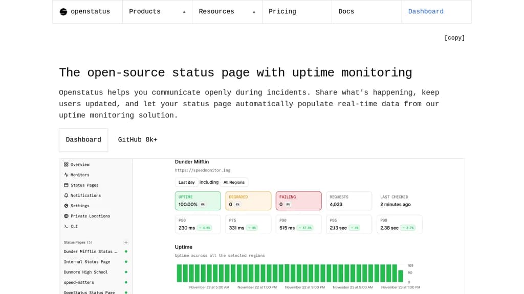 Screenshot of OpenStatus website