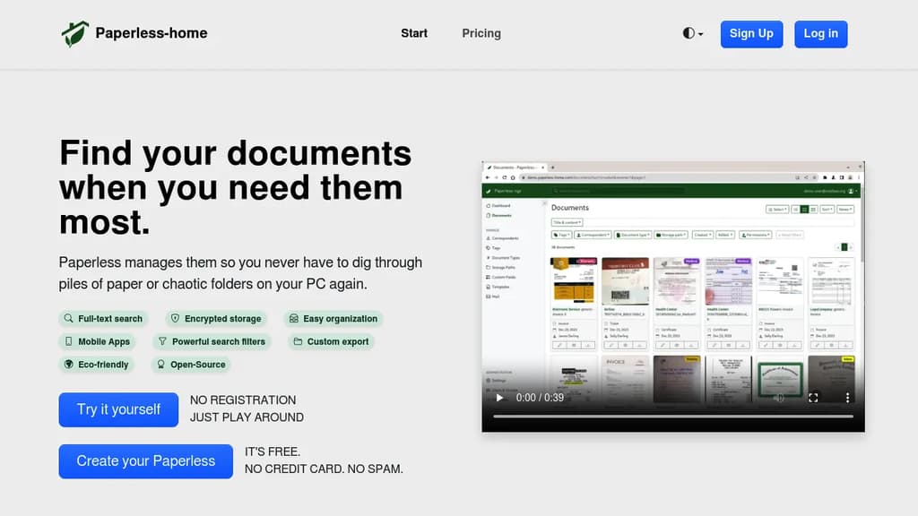 Screenshot of Paperless-home website