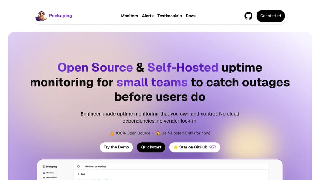 Screenshot of Peekaping website