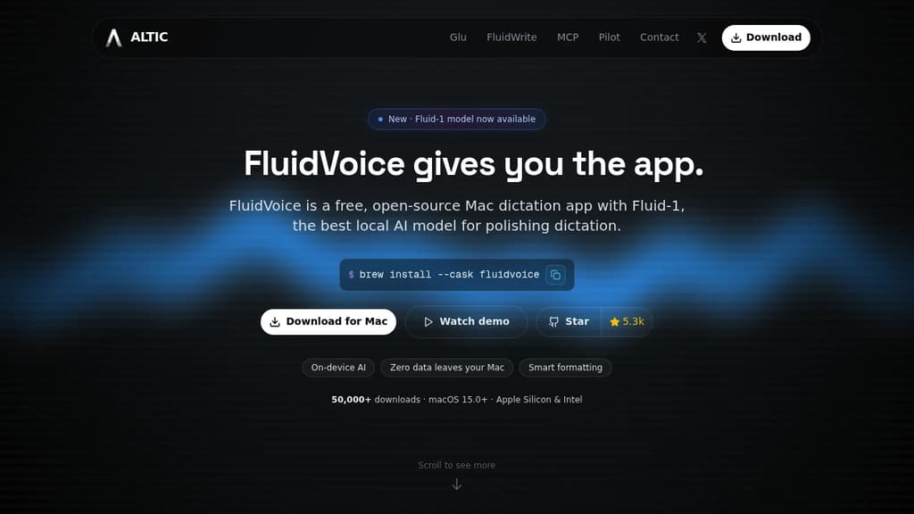 Screenshot of FluidVoice website
