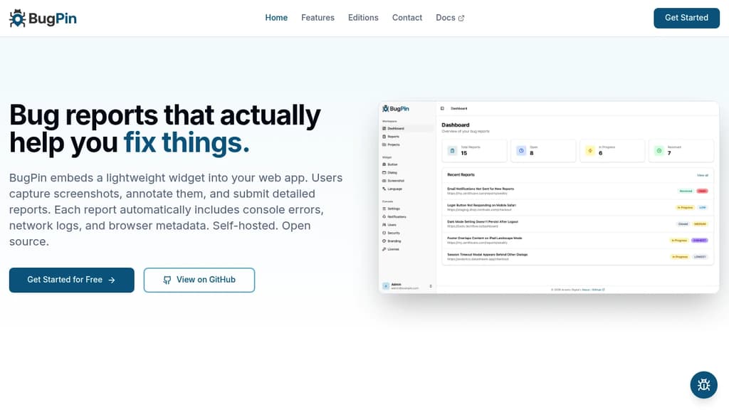 Screenshot of BugPin website