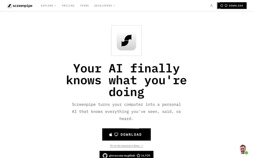 Screenshot of screenpipe  website