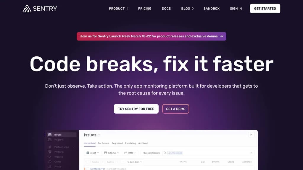 Screenshot of Sentry website